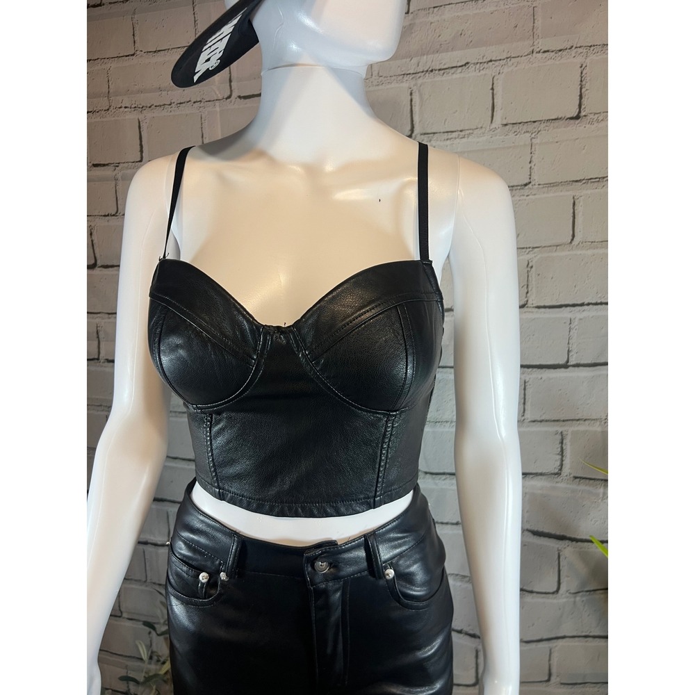 Iris Black Faux Leather Bustier Crop Top Padded Sweetheart Neck Small